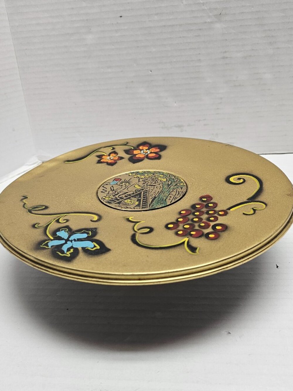 Vintage Israel Metal Gold Cloisonne Enamel Decor Dish Display Brass Copper